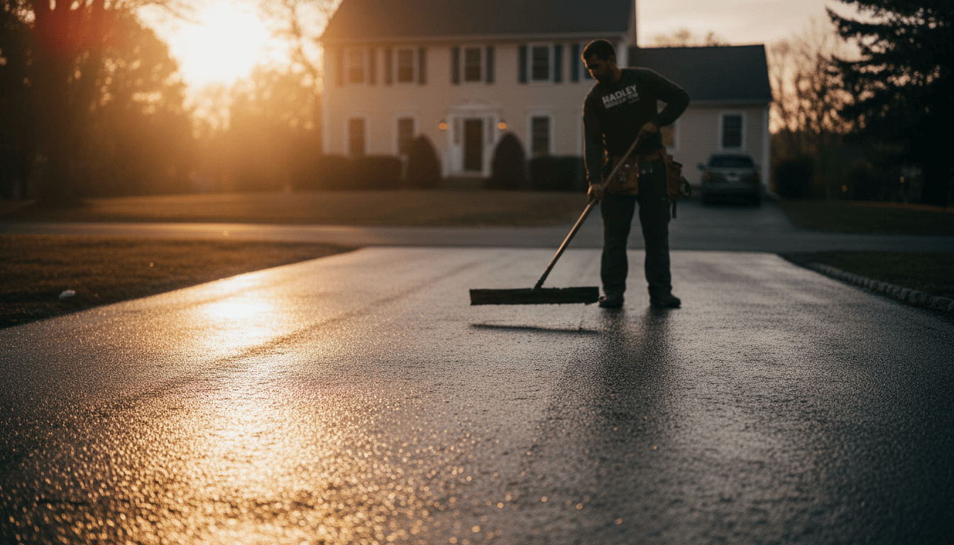 Professional seal coating application on residential driveway in Hadley with protective finish reflecting warm light