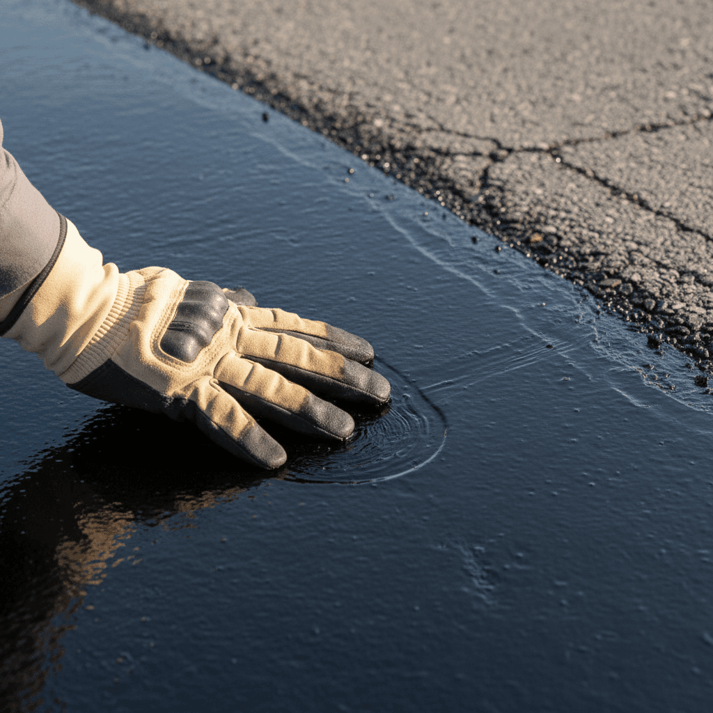 Close-up of sealed asphalt surface preventing cracks