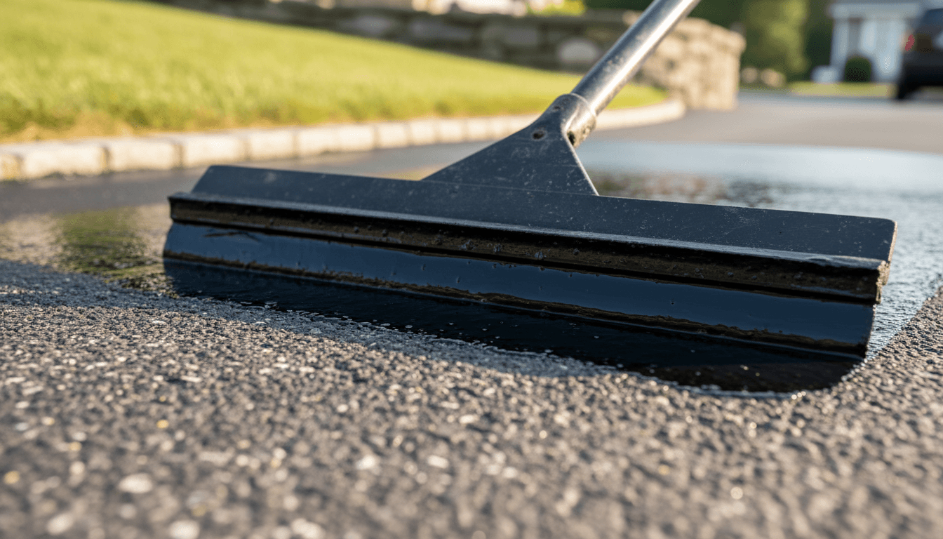Professional seal coating being applied to asphalt driveway